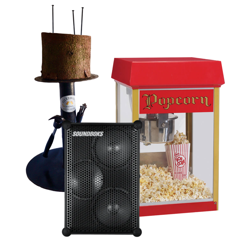Soundbox, popcorn maskine og slå søm i sømblok